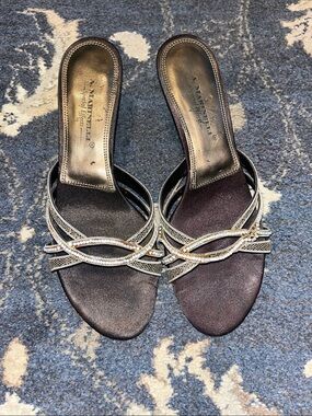 A. Marinelli Black Slide Mules with Silver Rhinestone Straps